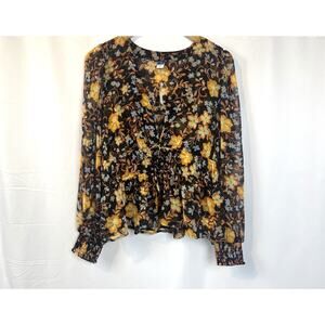 Old Navy Smocked Black Multi Floral Blouse Plunging V-Neck Puff Sleeves Womens M